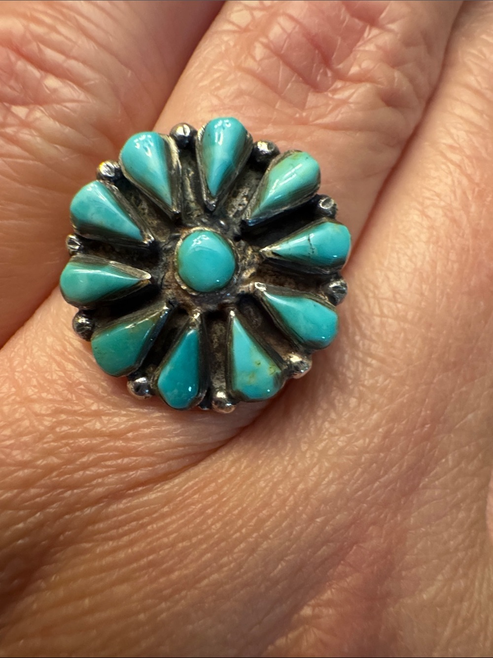 Sterling Silver Turquoise Floral Cluster Ring - Signed